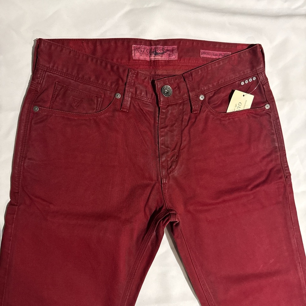 New Mens Guess Rare Lincoln Slim Straight Y2K Burgundy Red Color Denim Jeans 28